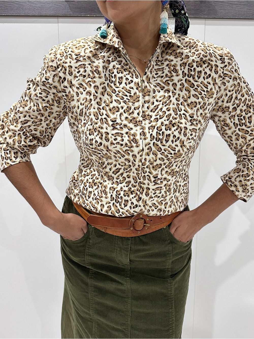 Silk Allison Taylor Cream Leopard Print Button-Front Shirt